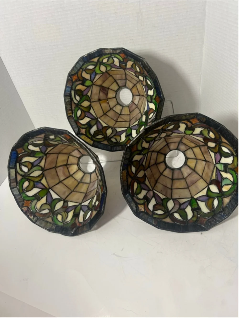 Vintage Tiffany Style Marble Slag Stained Glass Lamp Shades Set 3 Floral Retro